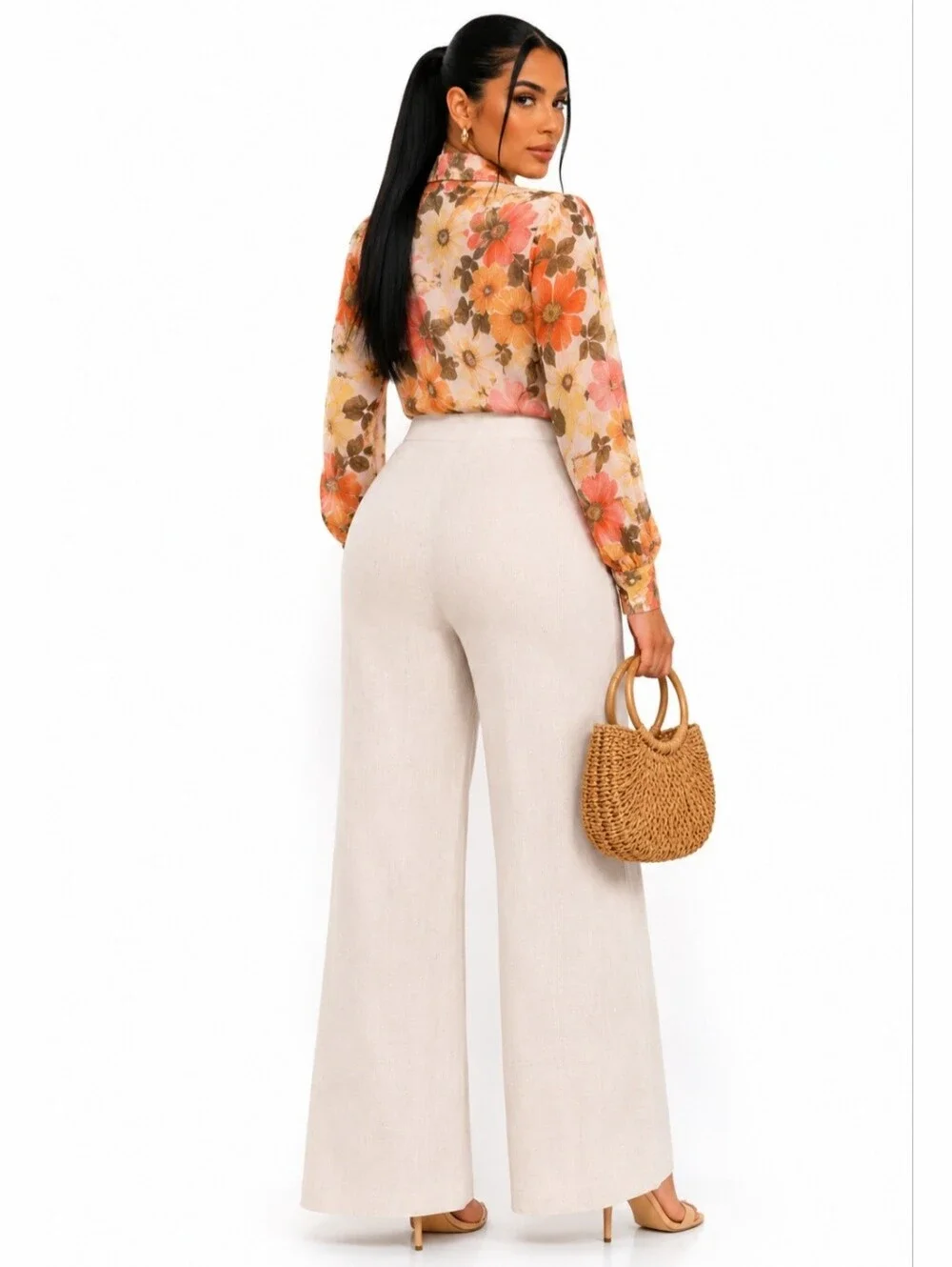 H&M Linen Blend Wide Leg High Rise Pants – Beige, Women's. Size 2.